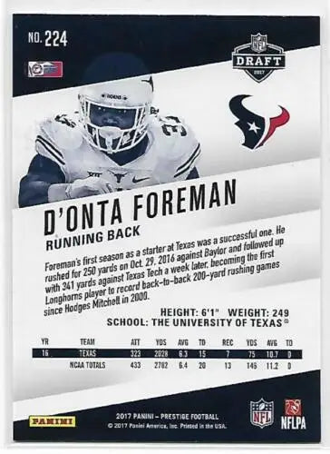 D’Onta Foreman football card showcasing original gloss from 2017 Panini Prestige Xtra Points