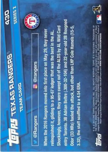Baseball card back of 2017 Topps #430 Texas Rangers NM-MT showcasing original gloss