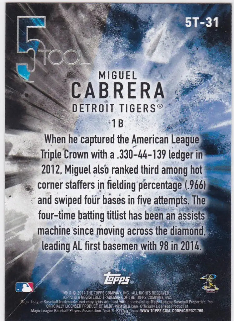 Baseball card of Miguel Cabrera Detroit Tigers from 2017 Topps 5 Tool #5T-31