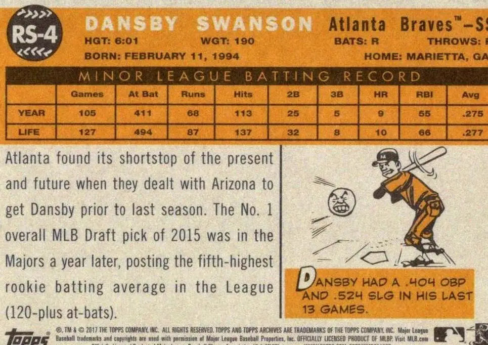 Dansby Swanson baseball card back from 2017 Topps Archives Rookie Star edition