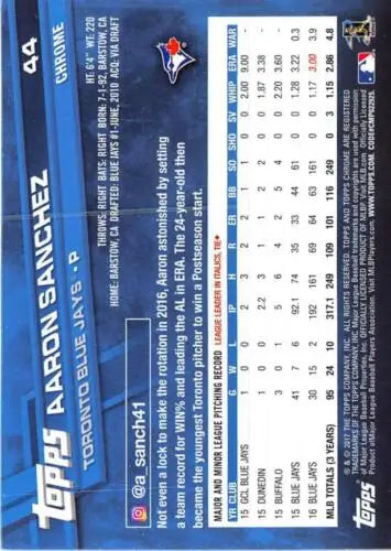 Aaron Sanchez 2017 Topps Chrome #44 baseball card with original gloss, Blue Jays