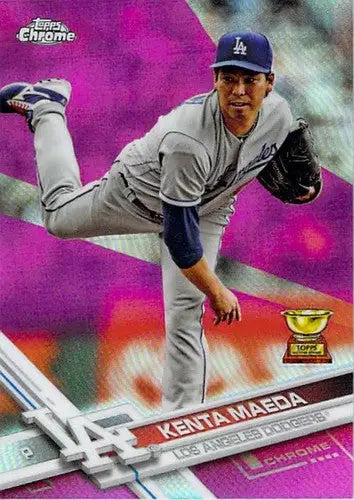 2017 Topps Chrome Pink Refractor baseball card of Kenta Maeda Dodgers with original gloss
