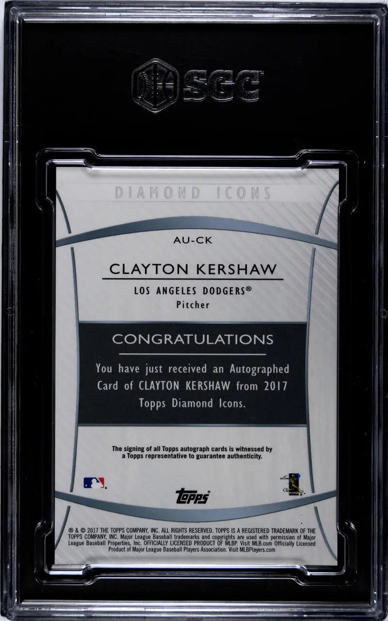 Clayton Kershaw baseball card in protective case with congratulatory message