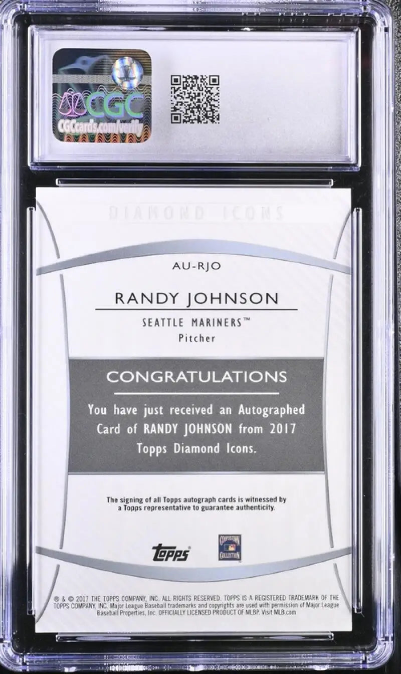 Back side of 2017 Topps Diamond Icons Purple Randy Johnson card with QR code and authentication