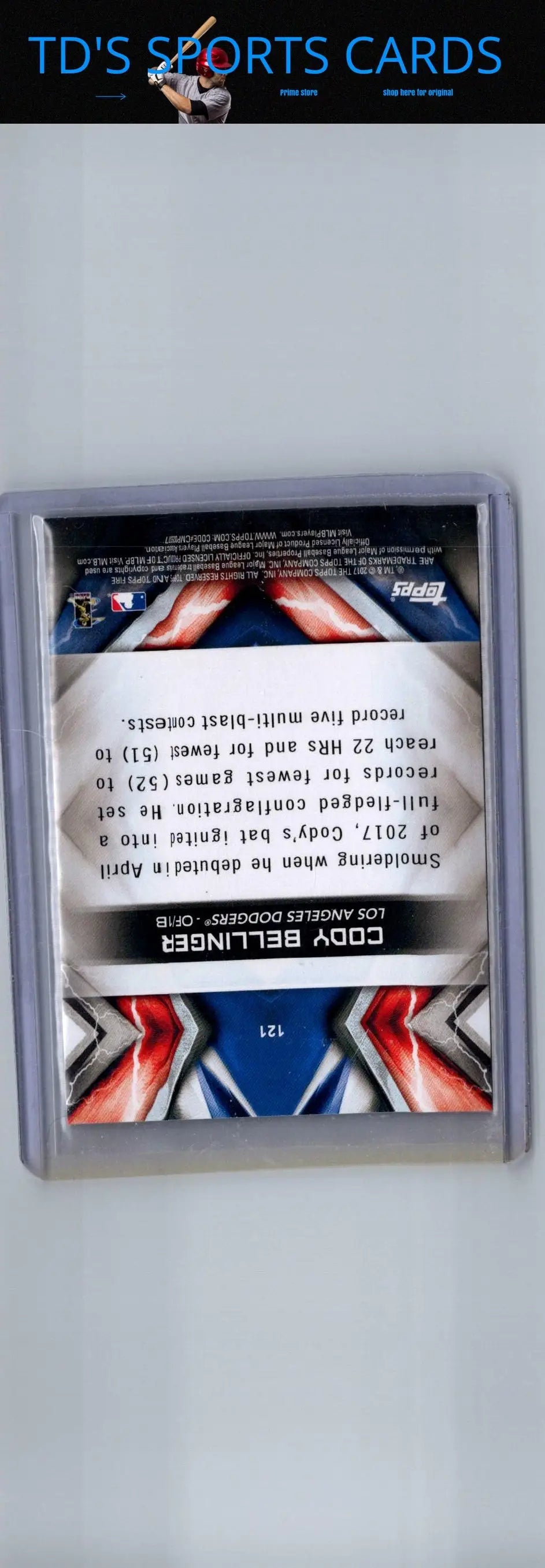 2017 Topps Fire Cody Bellinger baseball card showcasing rookie stats and vibrant design