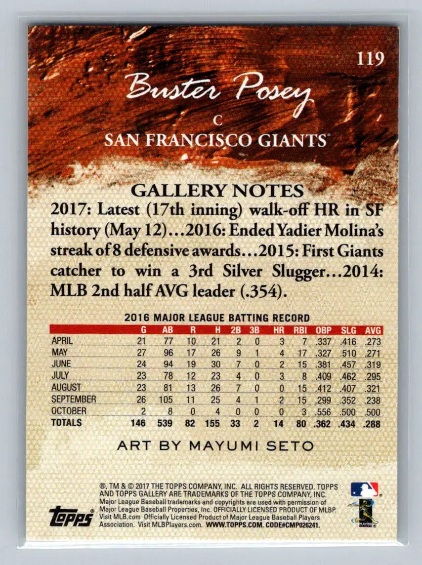 Baseball card back of 2017 Topps Gallery #119 Buster Posey San Francisco Giants