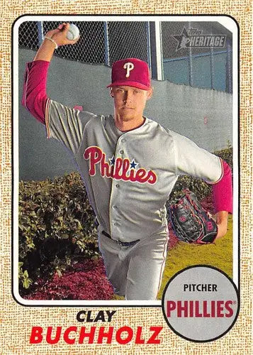 Original gloss Topps Heritage Clay Buchholz baseball card from 2017 Topps Heritage series