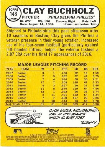 Original gloss 2017 Topps Heritage Clay Buchholz baseball card, Phillies player NM-MT
