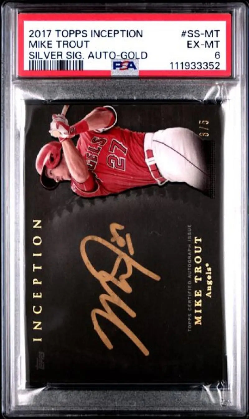 Graded Mike Trout autographed baseball card featuring gold auto from 2017 Topps Inception Gold