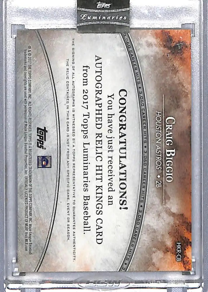 Baseball card featuring Craig Biggio with certification and smoky design from Topps Luminaries Hit
