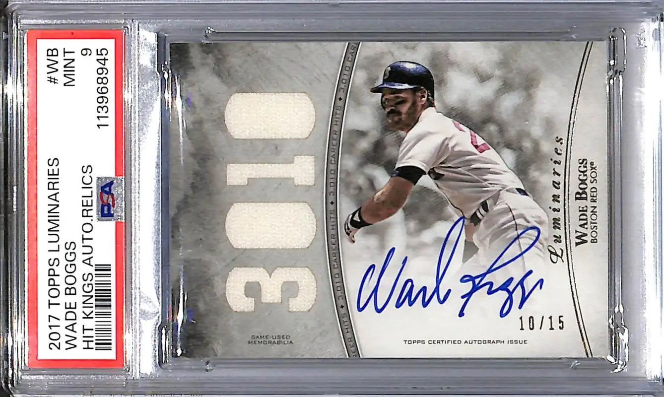Autographed Wade Boggs baseball card featuring Boston Red Sox legend in 2017 Topps Luminaries