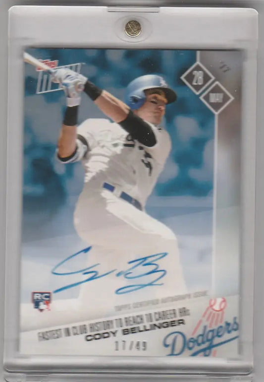 Baseball trading card of 194B Cody Bellinger swinging bat, autographed Dodgers collectible