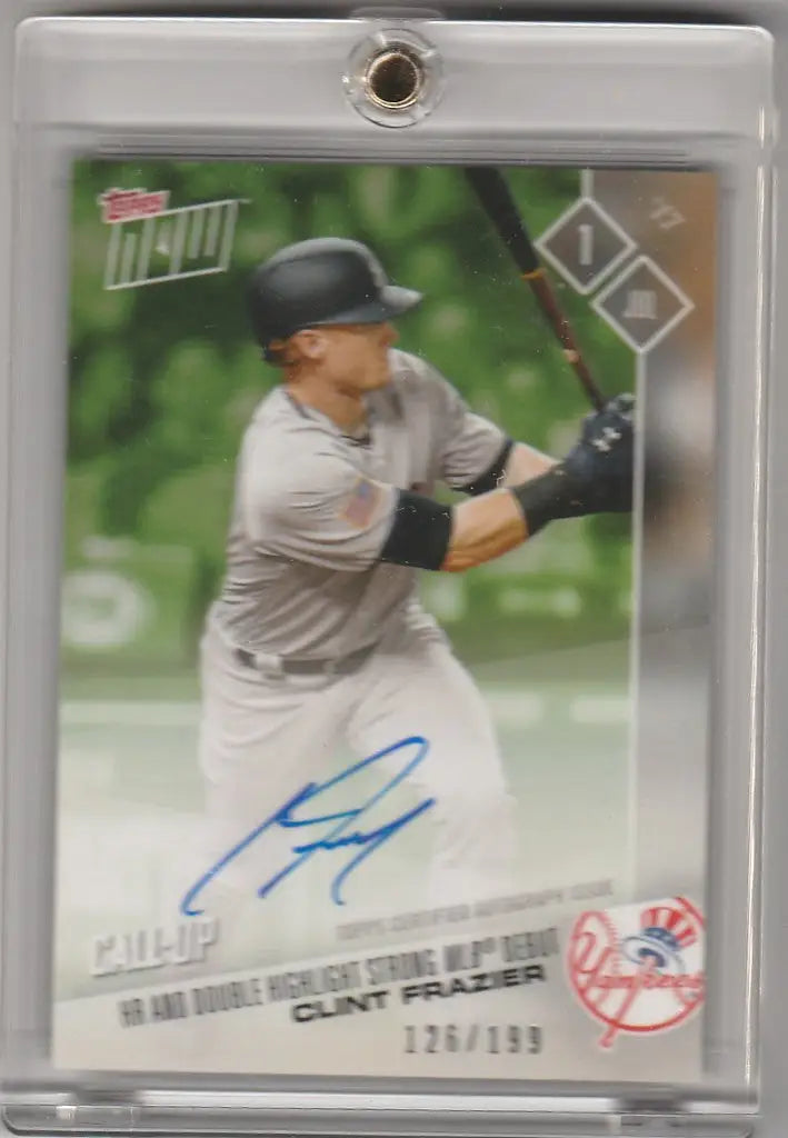 Baseball trading card of Clint Frazier Yankees in batting stance with autograph
