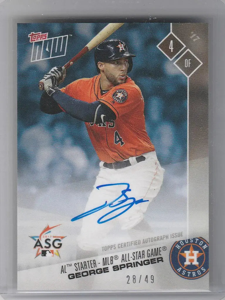 Baseball trading card of George Springer Astros, orange jersey with autograph