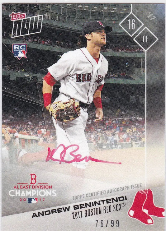 Baseball trading card of Andrew Benintendi in Boston Red Sox uniform with auto #/99