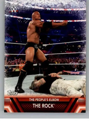 Wrestling trading card featuring The Rock performing The People’s Elbow from Forever Finishers