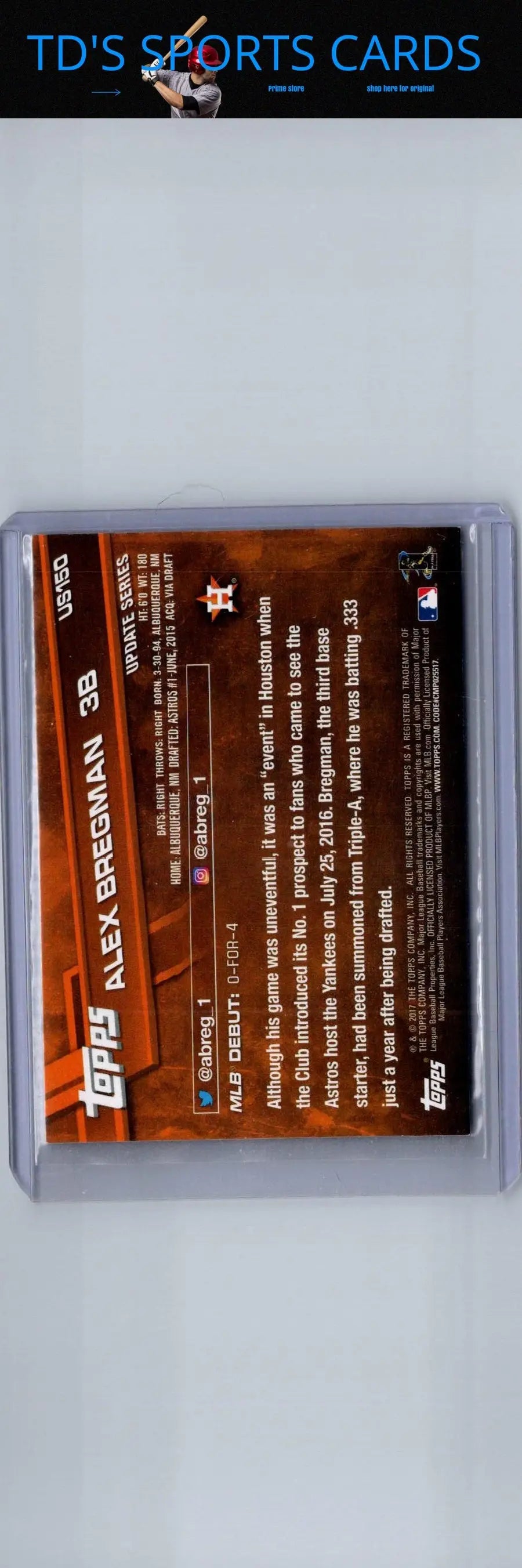 2017 Topps Update #US150 Alex Bregman baseball card showcasing Alex Bregman and US150 Alex