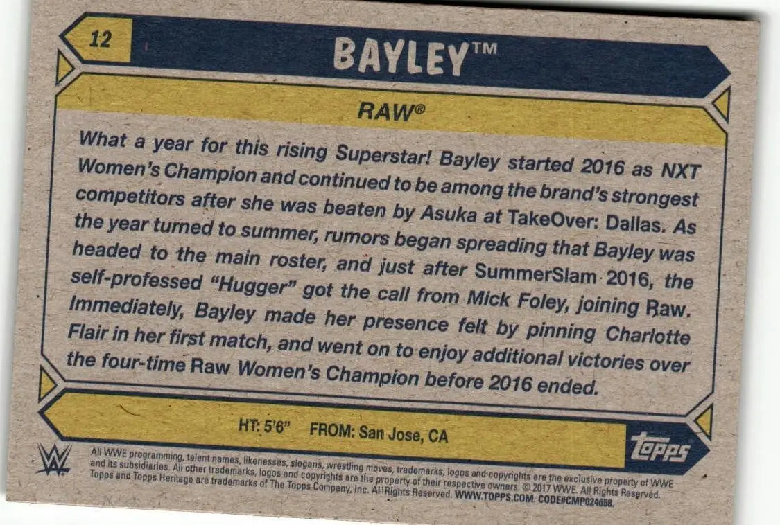 2017 Topps WWE Heritage Bayley wrestling card from Topps WWE Heritage series