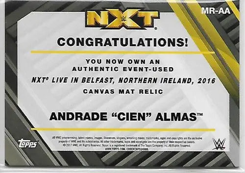 WWE NXT mat relic trading card featuring Andrade Cien Almas from Topps WWE NXT series