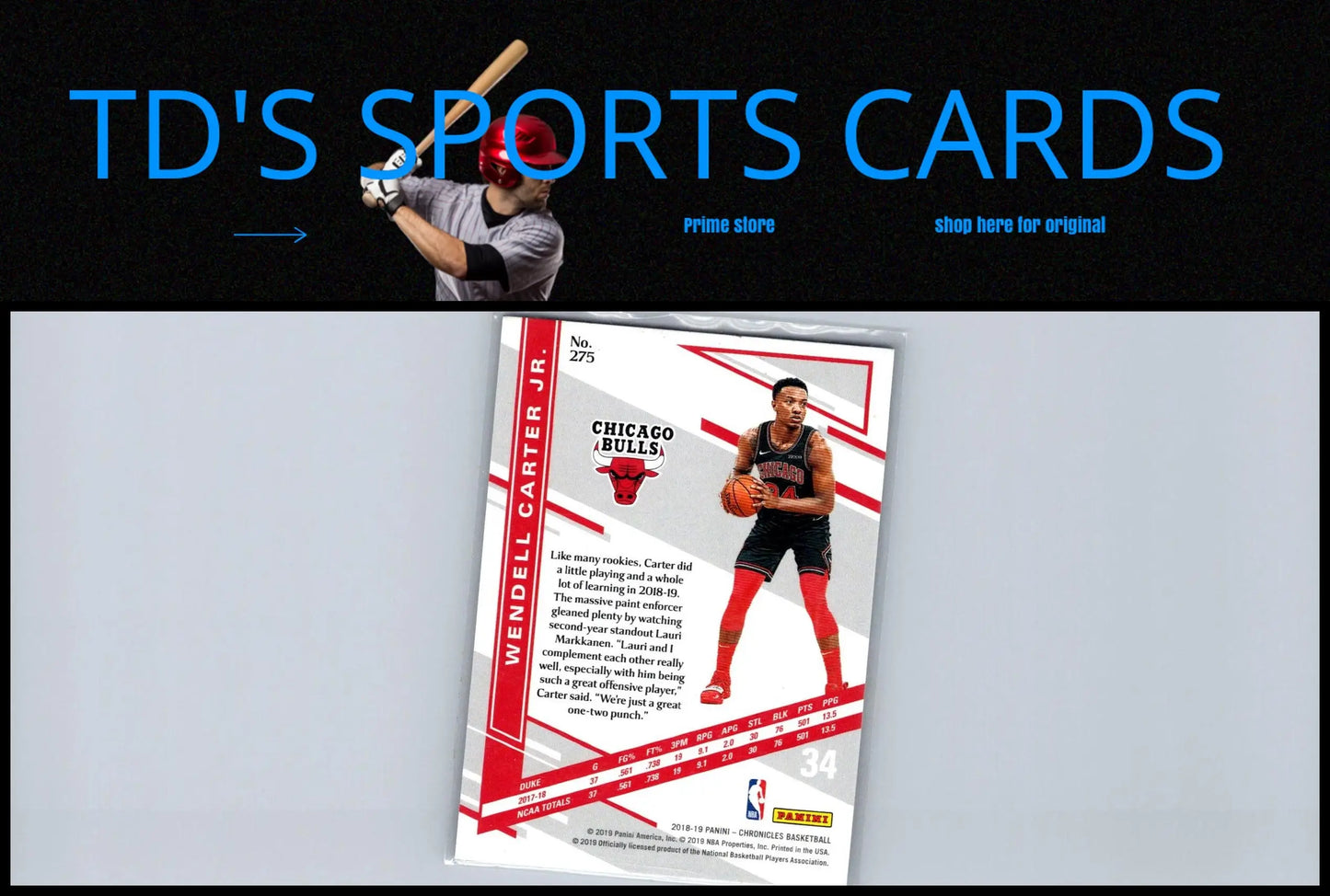 Wendell Carter Jr. 2018-19 Panini Chronicles trading card for collectors