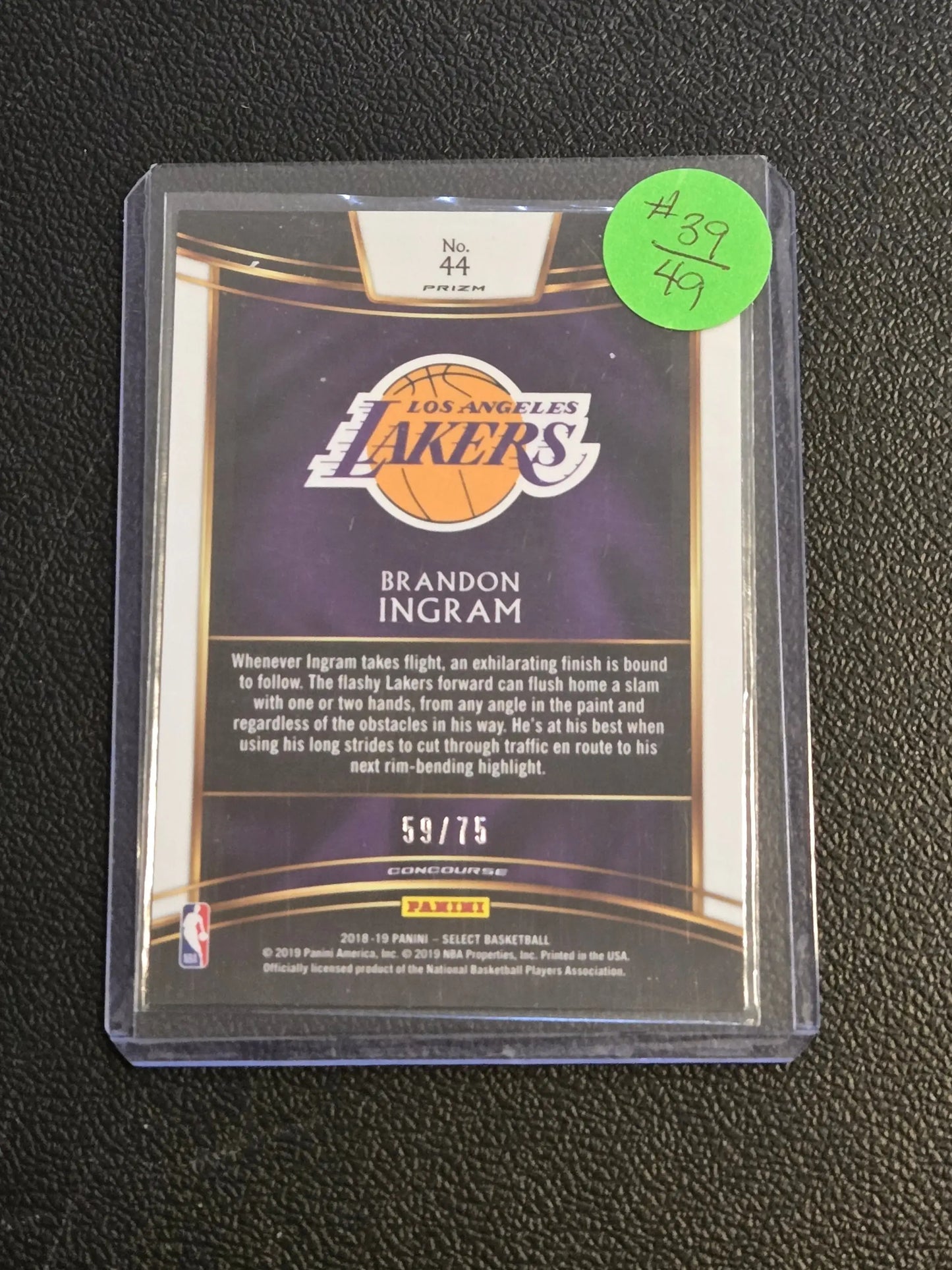 Collectible Brandon Ingram neon green trading card in protective sleeve from 2018-19 Panini Select