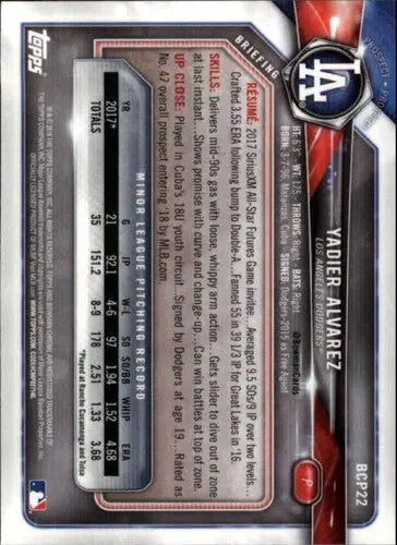 2018 Bowman Chrome Prospects #BCP22 Yadier Alvarez NM-MT Dodgers - Trading Cards