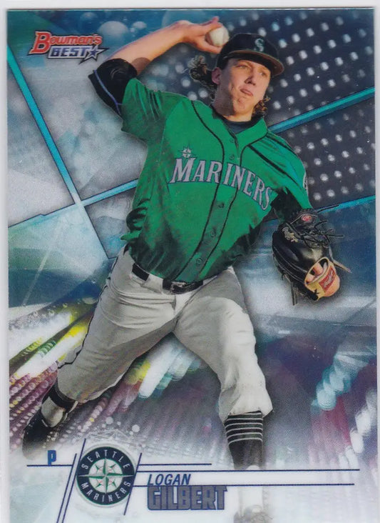 Baseball player in green Mariners jersey throwing pitch, Logan Gilbert Seattle Mariners