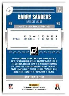 Barry Sanders trading card from 2018 Donruss #102 perfect for collectors