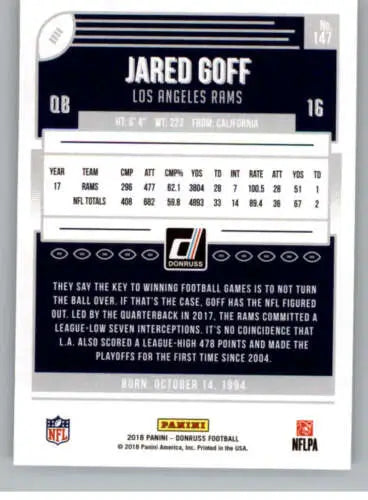 Jared Goff football card 2018 Donruss #147 NM-MT LA Rams original gloss Simply Sandoval
