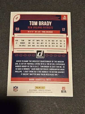 Tom Brady football card from 2018 Donruss series, featuring England Patriots player