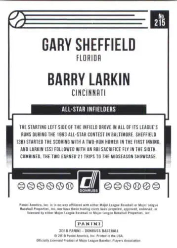 Back of 2018 Donruss #215 Barry Larkin/Gary Sheffield baseball card with original gloss