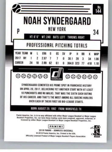 Noah Syndergaard baseball card from 2018 Donruss Variations features original gloss finish