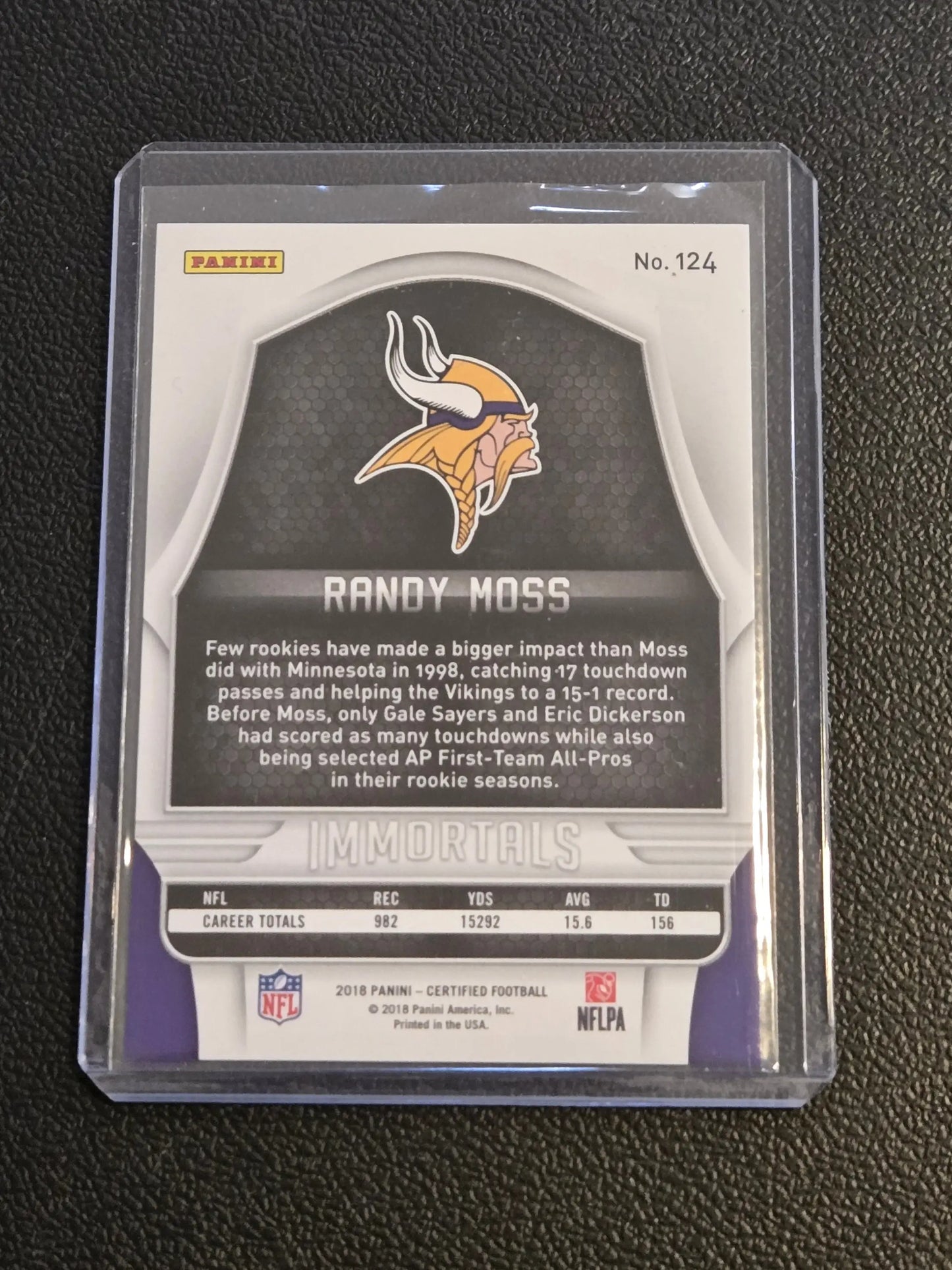 Randy Moss Mirror Silver football card in protective sleeve from Panini Certified 2018