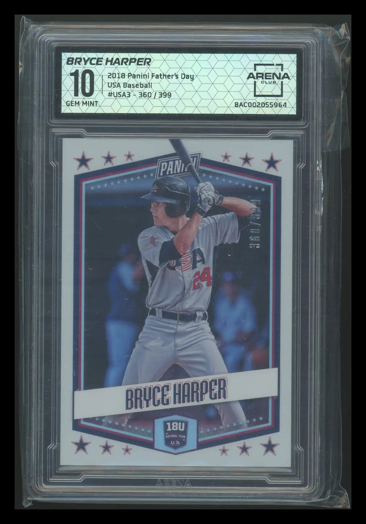 Graded Day USA Baseball Bryce Harper baseball card from 2018 Panini Arena Club