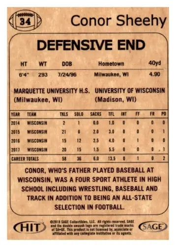 2018 SAGE Hit Premier Draft #34 Conor Sheehy NM-MT ID:44414 - Trading Cards