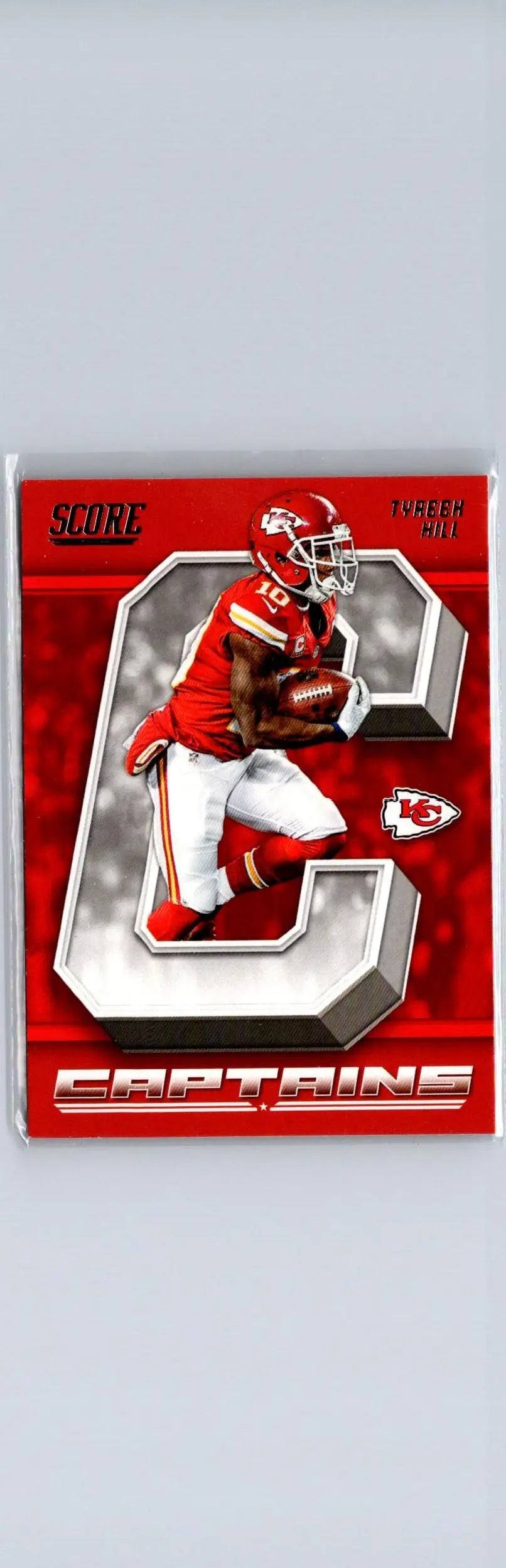 Football trading card of Tyreek Hill Captains from 2018 Score series highlighting Hill captains