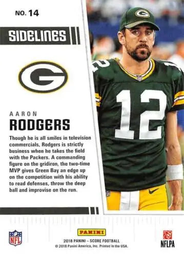 2018 Score Sidelines #14 Aaron Rodgers NM-MT Packers football card with original gloss