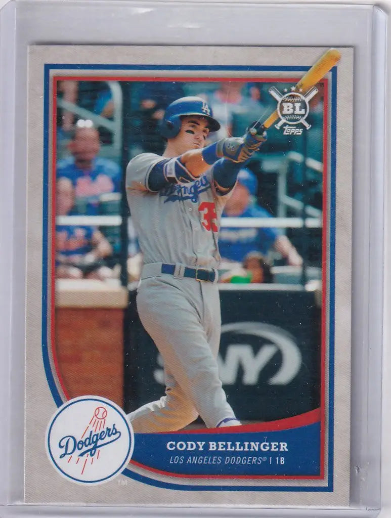 Cody Bellinger swinging bat on 2018 Topps Big League Los Angeles Dodgers baseball card