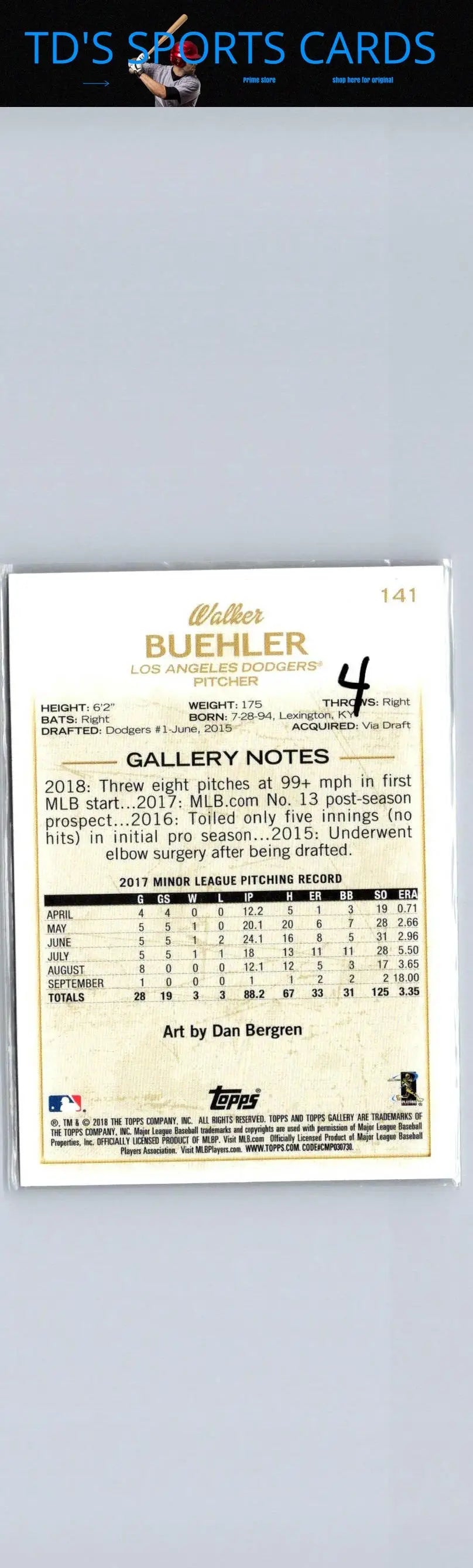 2018 Topps Gallery #141 Walker Buehler trading card showcasing the baseball star