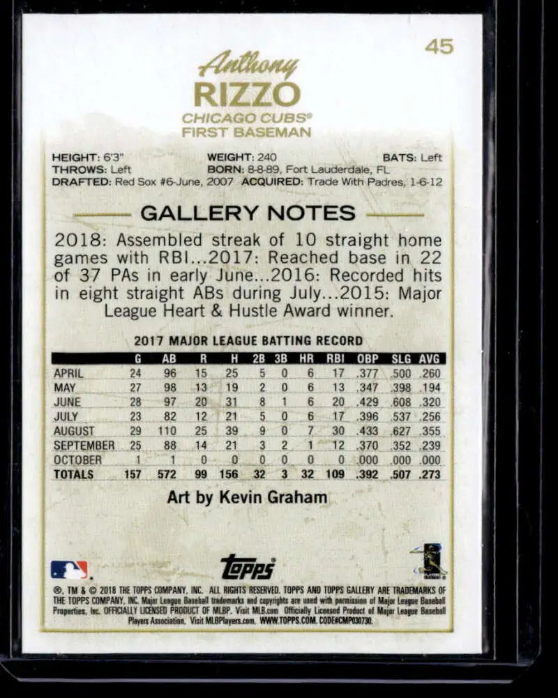 Anthony Rizzo Wood baseball card featuring 2018 statistics from Topps Gallery