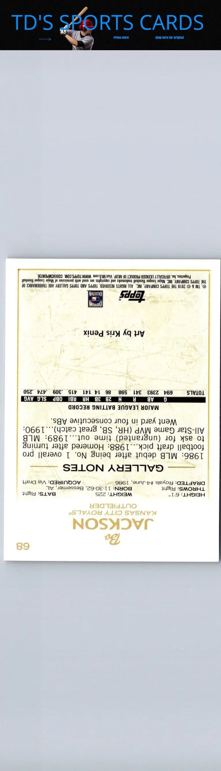 Back of 2018 Topps Gallery Bo Jackson baseball card showing player stats and info