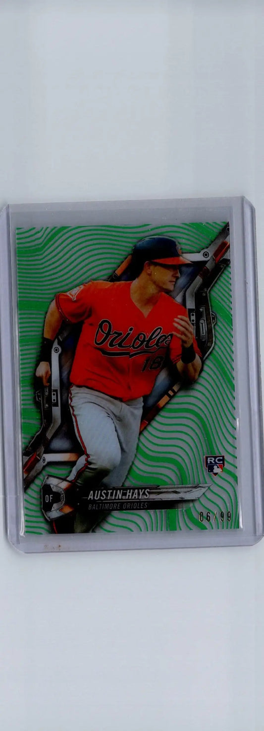 Austin Hays baseball card from 2018 Topps High Tek with Green Rainbow Foil
