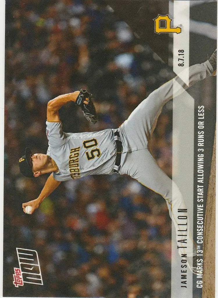 Baseball pitcher in mid-throw, wearing Pittsburgh Pirates uniform, marks 13th start