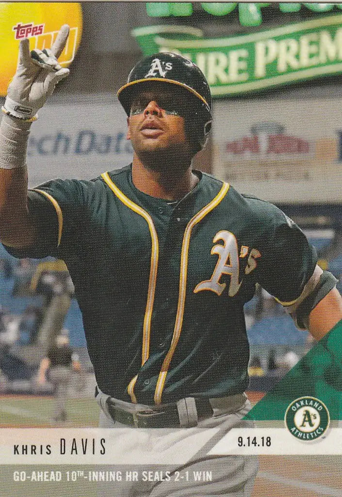 Baseball card of Khris Davis in batting stance, Go-Ahead 10th-Inning HR Seals win
