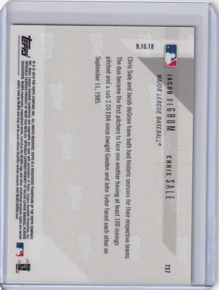 Back of 2018 Topps Now #737 Jacob deGrom Chris Sale card with MLB logo and text