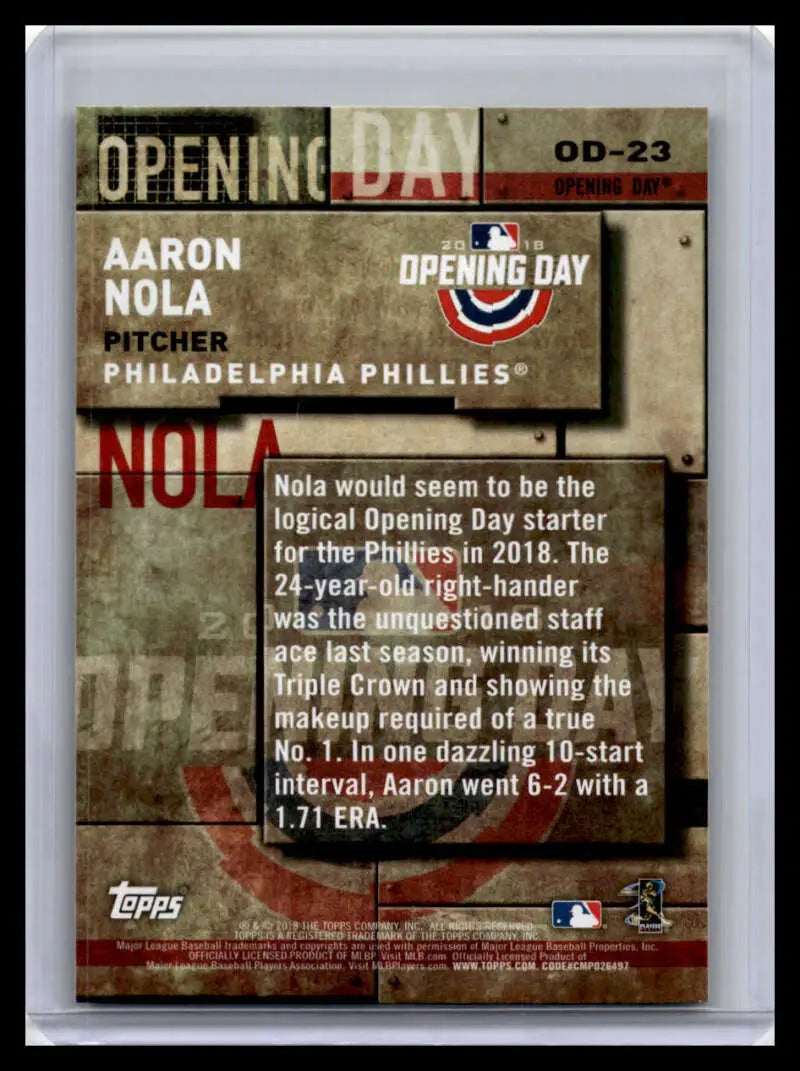 Baseball card of Aaron Nola featuring Opening Day design for Philadelphia Phillies