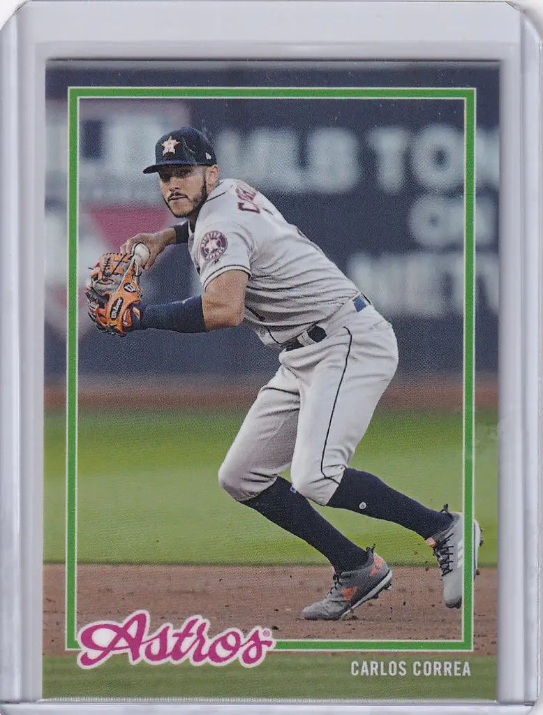 Baseball card of Carlos Correa Houston Astros in fielding pose from 2018 Topps On Demand