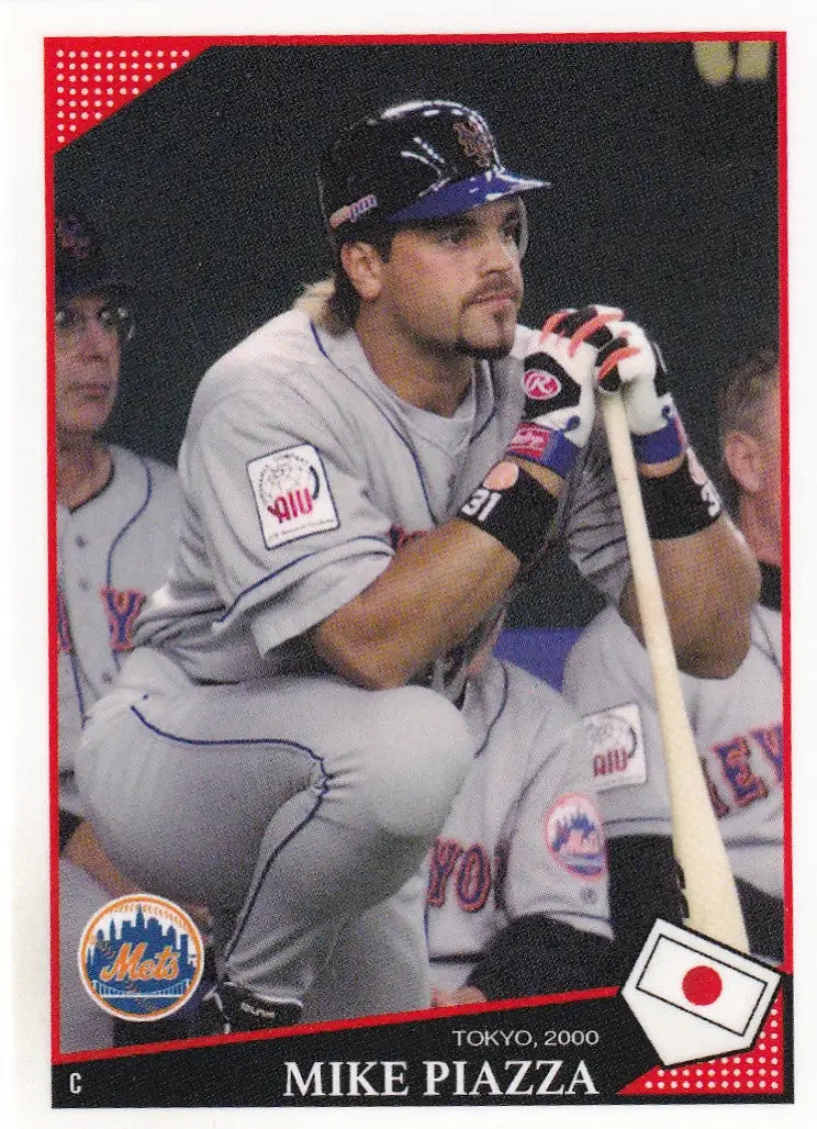 Baseball card of Mike Piazza in gray New York Mets uniform for Topps Throwback Thursday