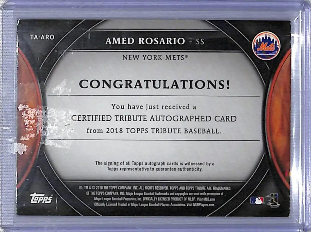 Back of 2018 Topps Tribute Amed Rosario autographed baseball card for New York Mets