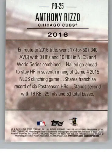 Baseball card featuring Anthony Rizzo from 2018 Topps Update Postseason Preeminence series